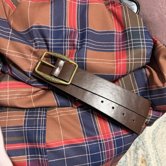 Plaid Long Sleeve Maxi Shirt Dress With Belt – Brown Navy Red - Picture 8 of 11